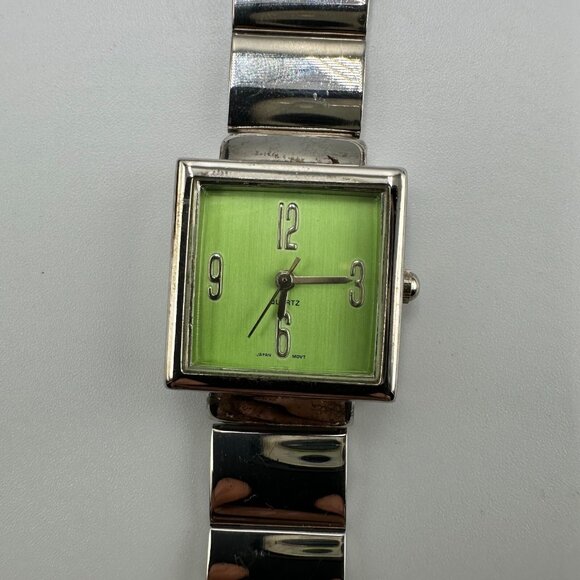 3/$30 Fashion Watch Women Silver Tone Green Square Dial Wide Link Band 7" - Picture 1 of 14